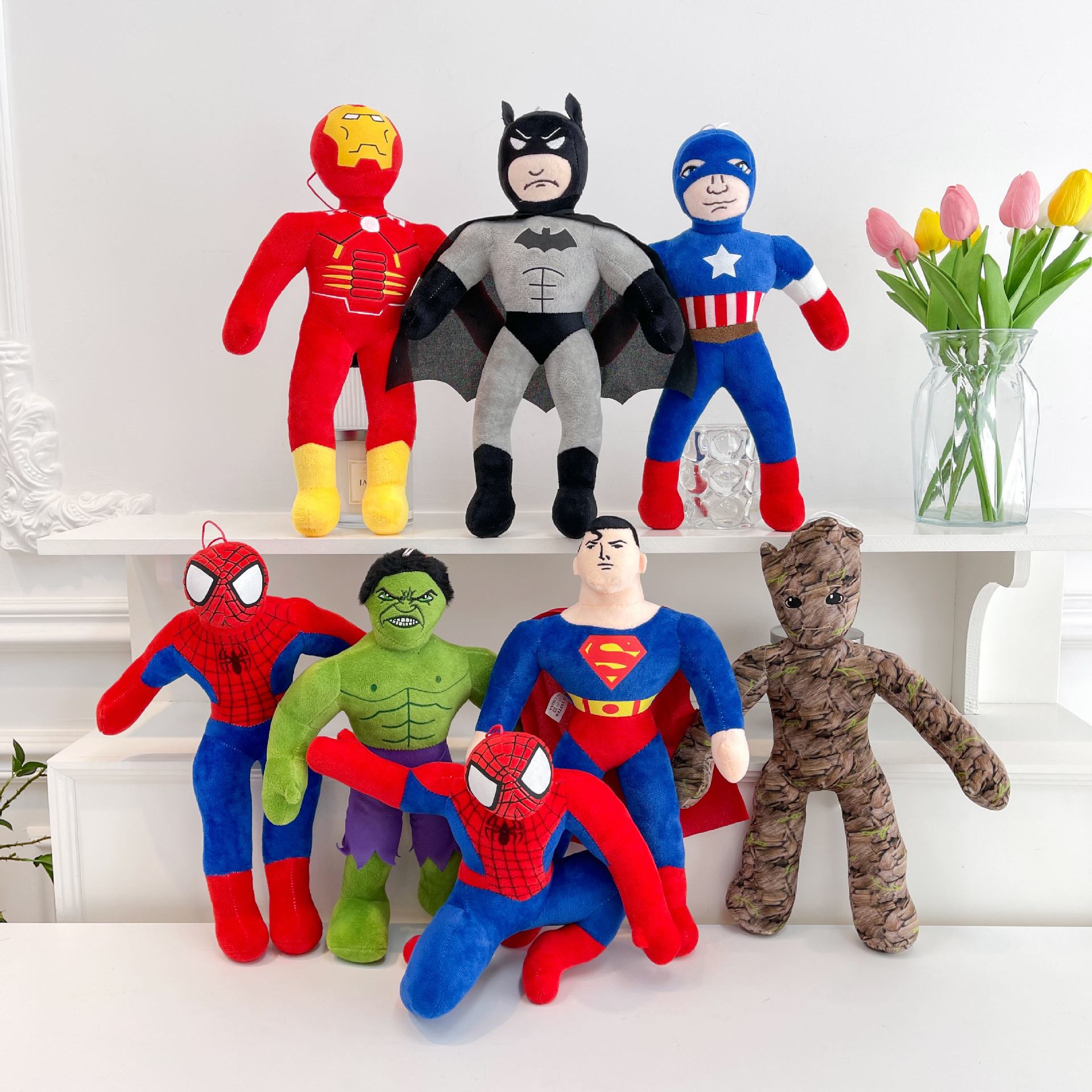 批发仿真复仇者联盟公仔蜘蛛蝙蝠侠八寸毛绒玩具美国队长超人玩偶