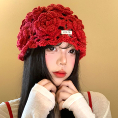 手工钩花亮片镂空包头帽女薄透气显脸小红色针织帽出游套头帽子