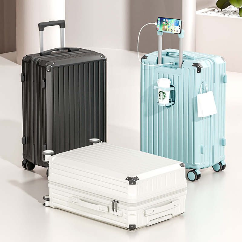 Multifunctional trolley case with water cup holder, travel case for men, combination lock case, rechargeable, large capacity, durable leather case for women.