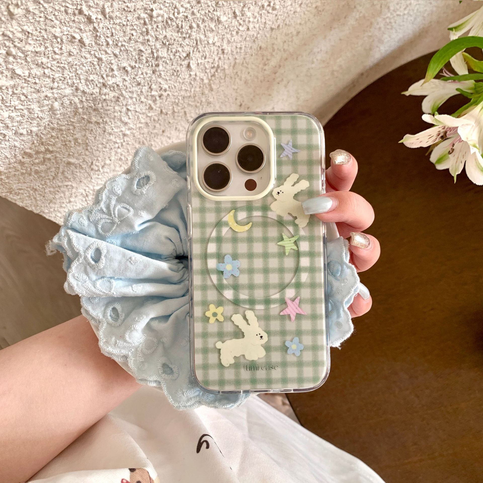 Conejo de costura de cuadros verde coreano para Apple 16Pro funda para teléfono móvil 15ProMax magnético 14 nuevo 16PM