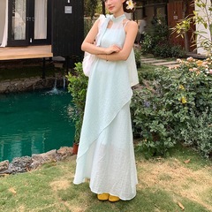 法式气质无袖挂脖吊带连衣裙子女夏季2025新款海边度假不规则长裙