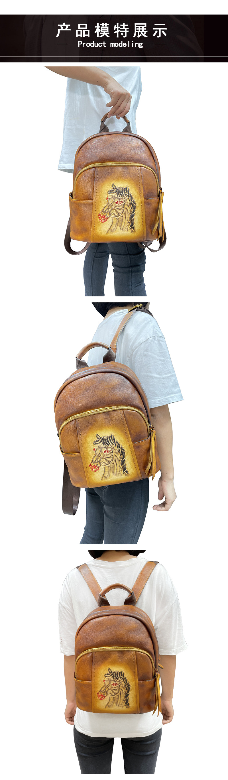 Ba lô da bò thực vật phong cách cổ điển đánh bóng — Vàng cổ điển, Đỏ cổ điển, Nâu cổ điển, Xám cổ điển chi tiết 17