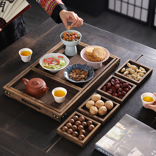 Warming-up Tea and Snacks Tray with Zen-style Natural Wood, Chinese-style Pastries and Snacks Plate, Exquisite Dry Fruits, Nuts, Desserts, and Fruit Snack Plate
