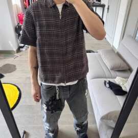 现货正确版原标CH家格纹棉宝剑拉链短袖衬衫复古休闲衬衣男女同款