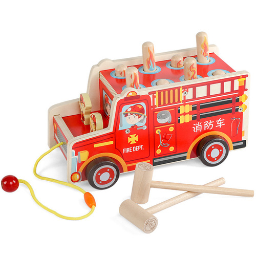 Wooden whack-a-mole game toy, fun parent-child interactive leisure toy, children's educational early education, fire truck