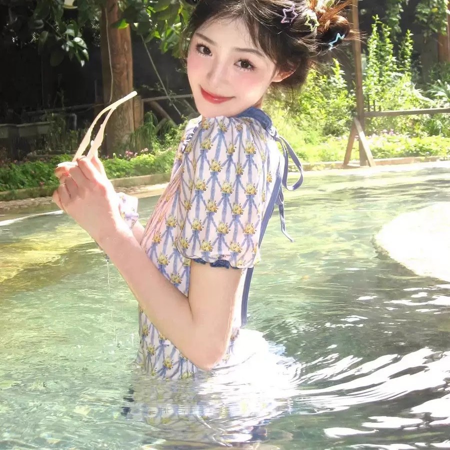 Summer New One-Piece Swimsuit, Feminine, Belly-Covering, Slimming, Anti-Exposure Safety Pants, Hot Spring Vacation Swimwear