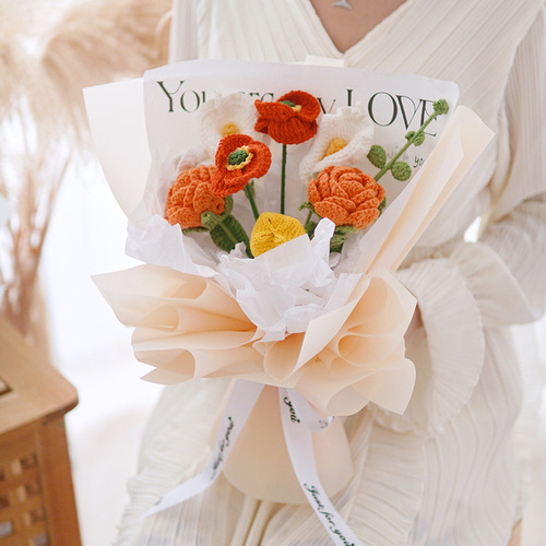 Hot selling new hand-crocheted poppy everlasting flower combed cotton artificial flower holiday gift small bouquet wholesale