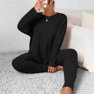 2025 Cross-Border Autumn and Winter Solid Color Round Neck Long-Sleeved Pit Top and Fashionable Casual Pants Two-Piece Suit Extra Large