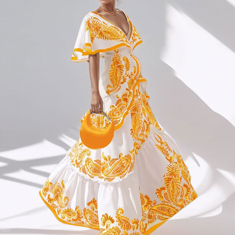 Pre-Sale Spring Fashion Idyllic V-Neck Waist Swing Printed Dress_ecoleips.com
