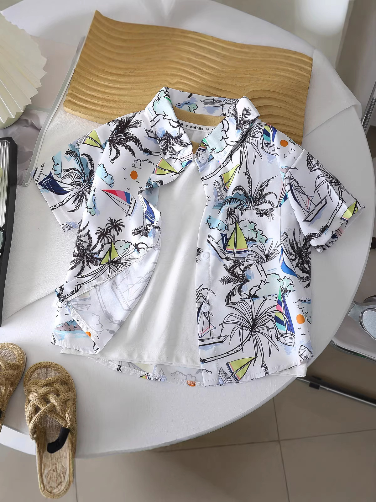 Verano bebés vacaciones de viento impresión puerto viento de manga corta suelta camisa para niños camisa para niños