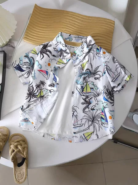 Summer Seaside Baby Vacation Style Printed Hong Kong Style Loose Short-Sleeved Handsome Children's Shirt Boys' Shirt