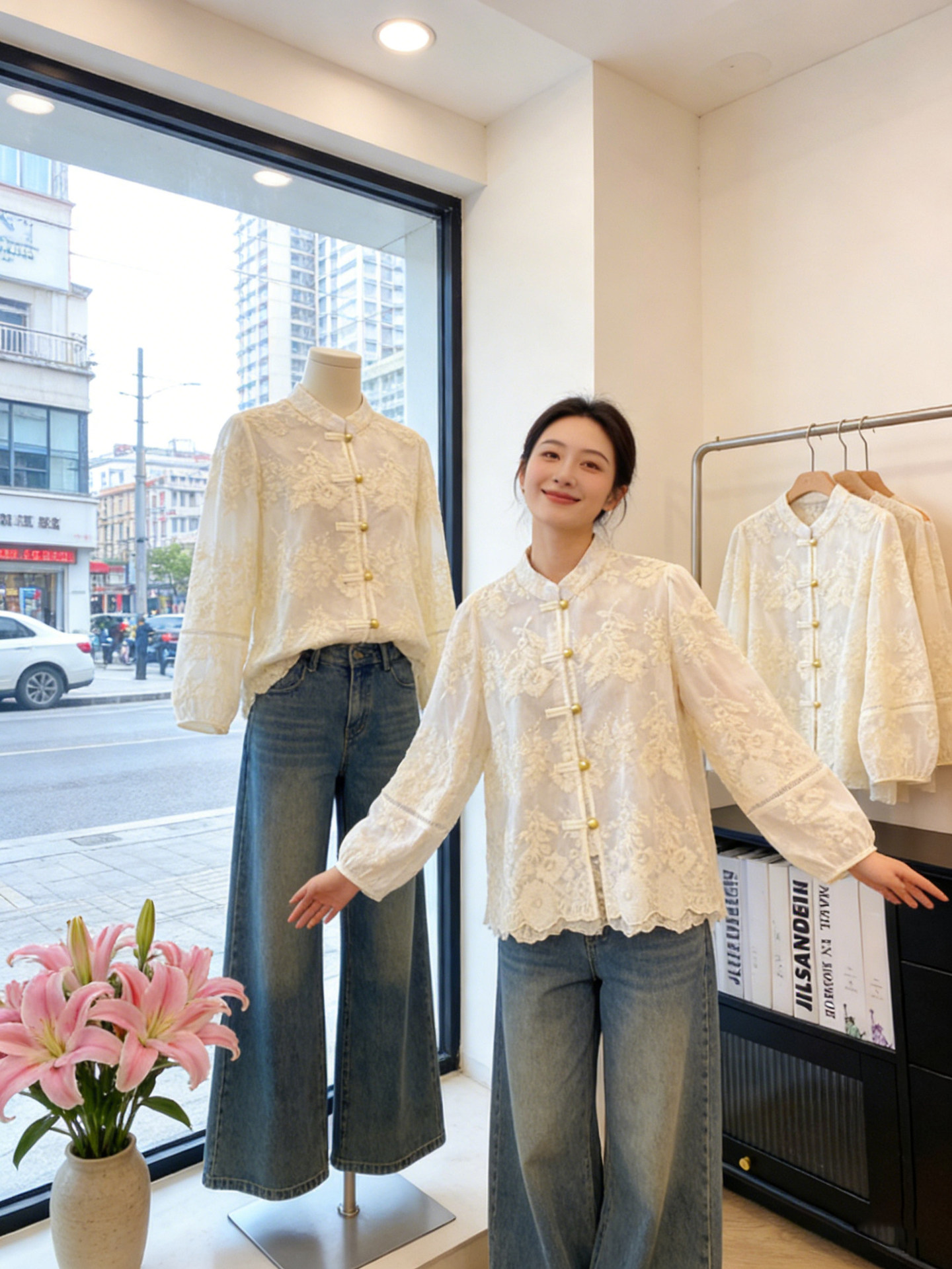 Áo sơ mi nữ dài tay phong cách Trung Hoa ren đĩa khuy tay dài — Milky với Liner