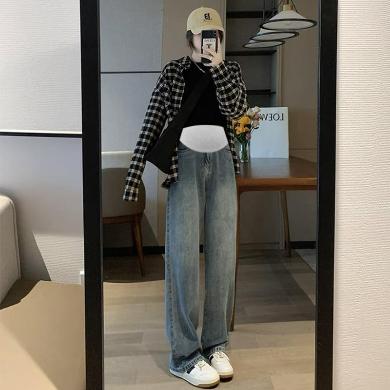 Maternity Wide-Leg Jeans for Spring and Autumn, Loose Straight-Leg Floor-Length Pants with Full Belly Support, Available for Dropshipping