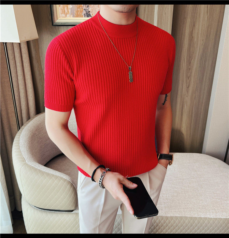 Herren Schwarz Hochgeschlossener Kurzarm Strickpullover Slim Fit_voghion.com