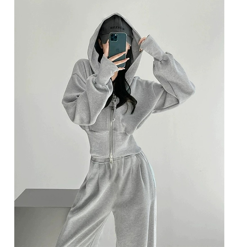 [Mi Ni Cotton] Sports Suit Women's Short Sweatshirt Slim Waist Top Casual Pants Two-Piece Set Autumn and Winter Korean