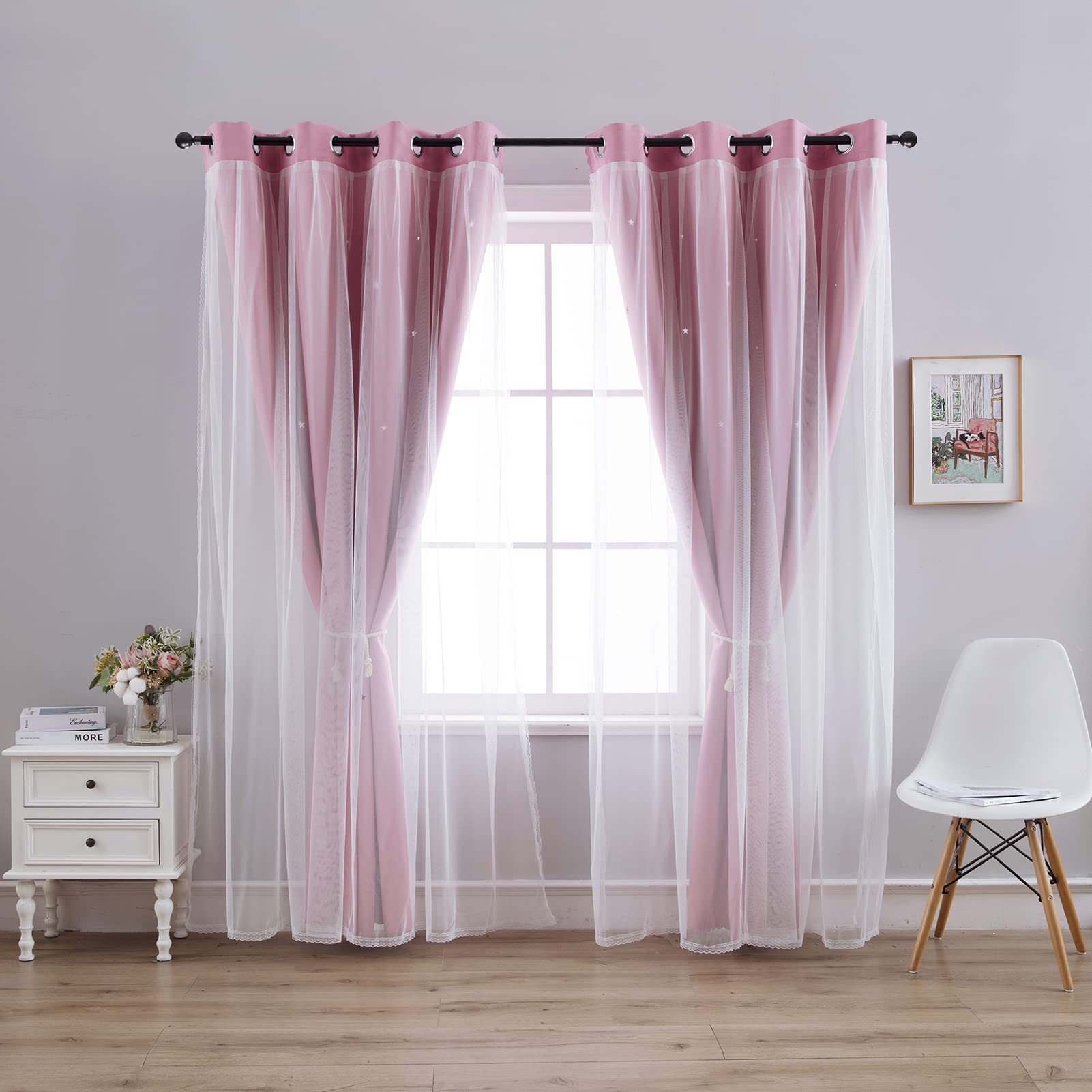 double layer curtains hollow star blackout rod punching short curtains_voghion.com
