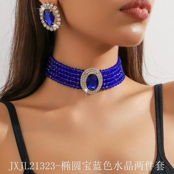 Jxjl21323-ellipse treasure blue crystal two-piece set