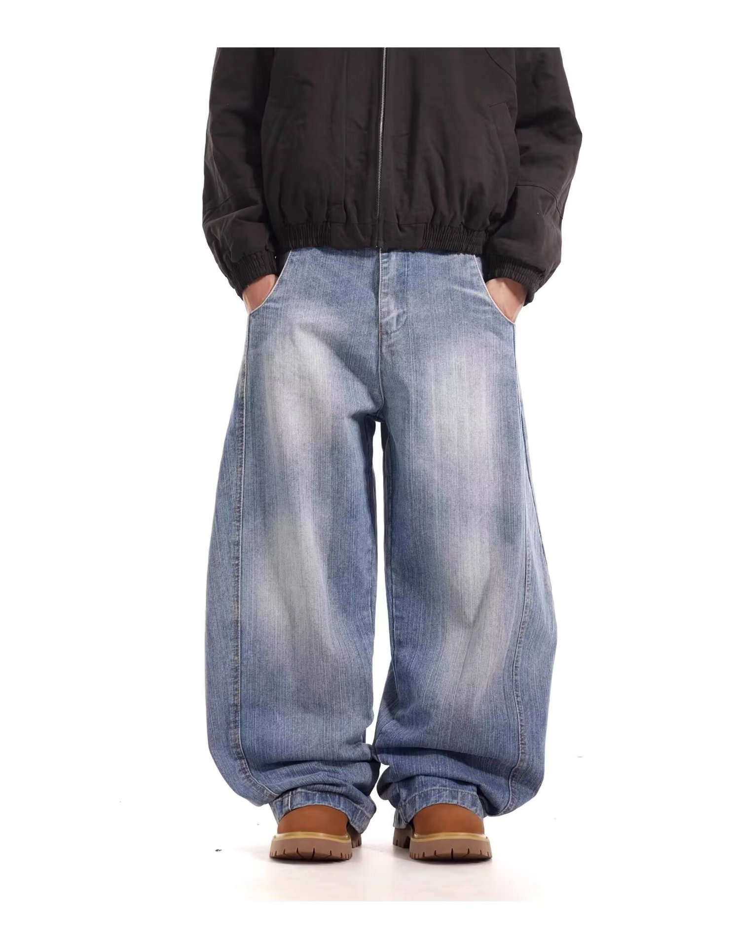 Unisex American Retro Washed Deconstructed Curved Jeans Loose Fitting Relaxed Style Wide Leg Slimming Casual Jeans_mkmklike.com