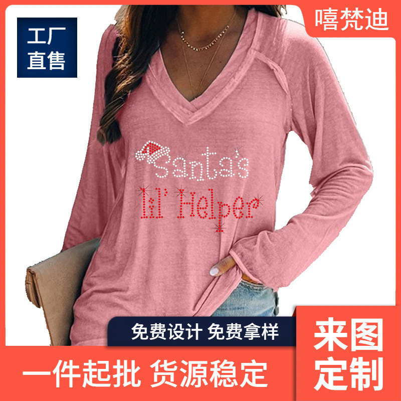 Popular 3D Digital Print Christmas Atmosphere Party Gift Loose Fashion Wear Women's V-Neck Long-Sleeved T-Shirt Top