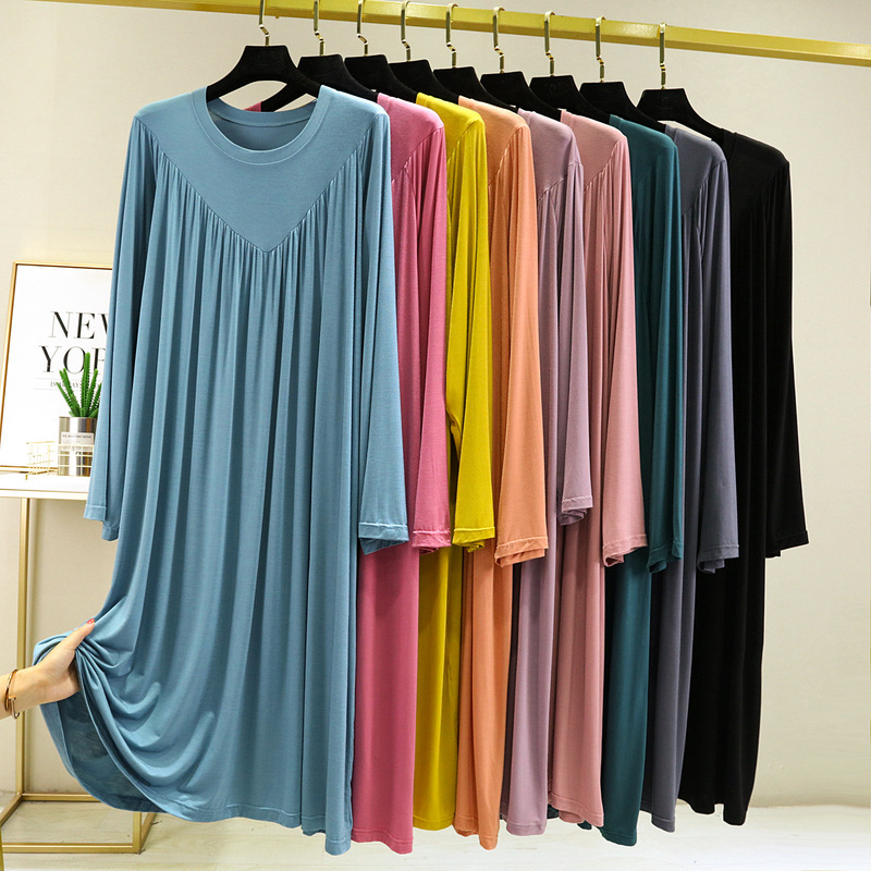 Bit Cotton Round Neck Long Sleeve Dress V-Shaped Pleated Large Size Loose Long Dress Spring and Summer Thin Slimming Home Dress