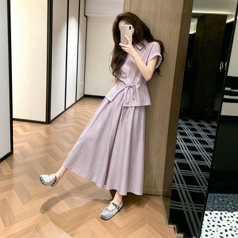 Lightly Mature Style Irregular Purple Waist-Cinching Shirt Two-Piece Set for Women, New Summer Style for Petite Figures, Complete Outfit