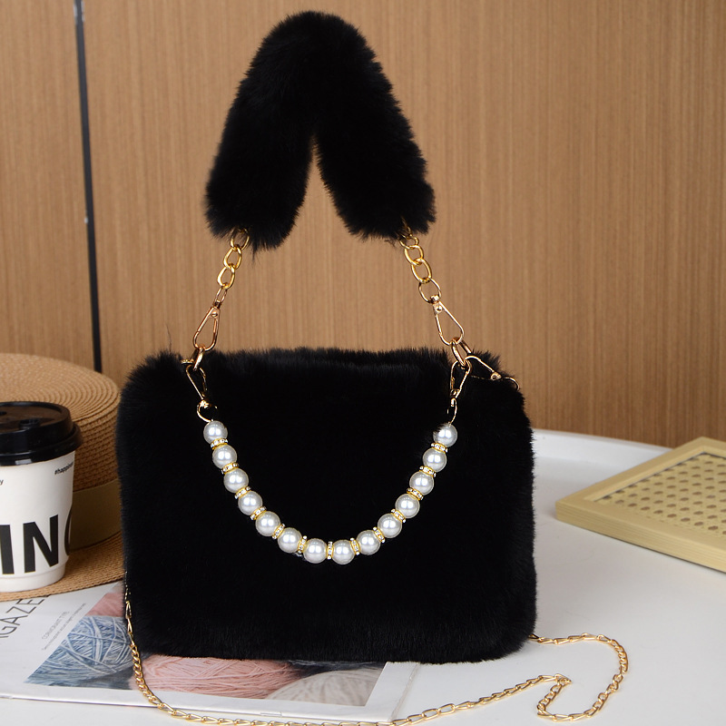 Cross-Border Rabbit Fur Plush Handbag Women's New Fashion Pearl Autumn and Winter Fur Bag Versatile Niche Chain Crossbody Bag
