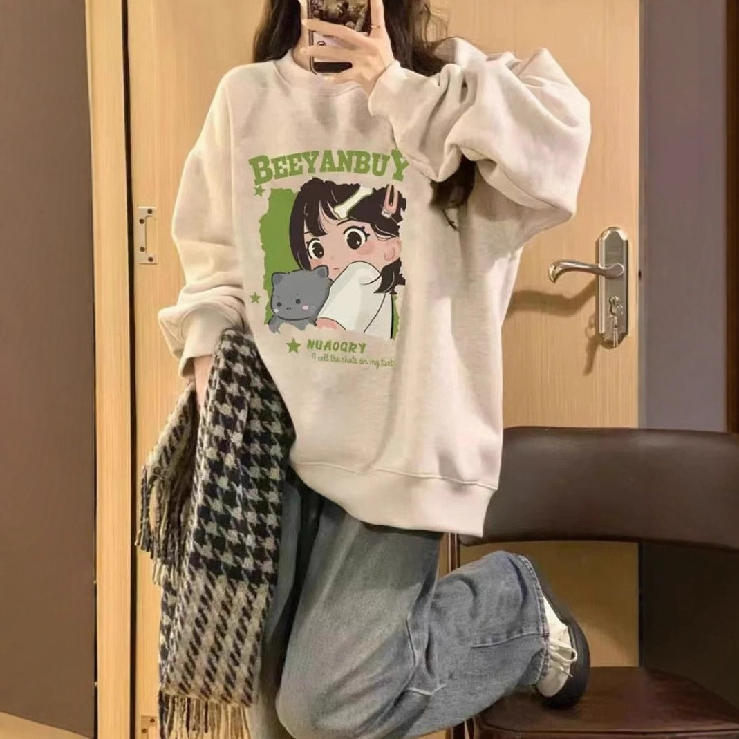 慵懒风卡通女孩加绒卫衣女秋冬韩版宽松chic复古甜美可爱上衣ins