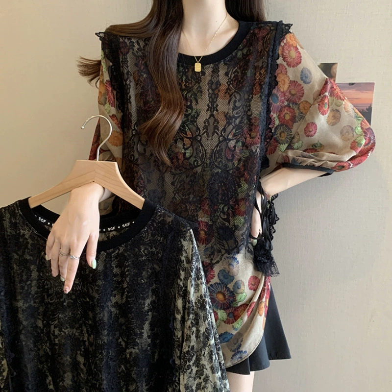 2025 новая летняя женская блузка с кружевными вставками, фонарными рукавами и шифоном, свободный крой, круглый вырез, большой размер