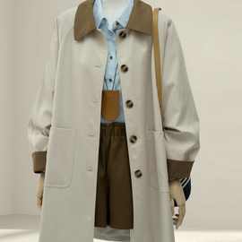 日系卡其风衣秋2025新款女装巴恩松弛感显瘦撞色翻领中长外套氨纶