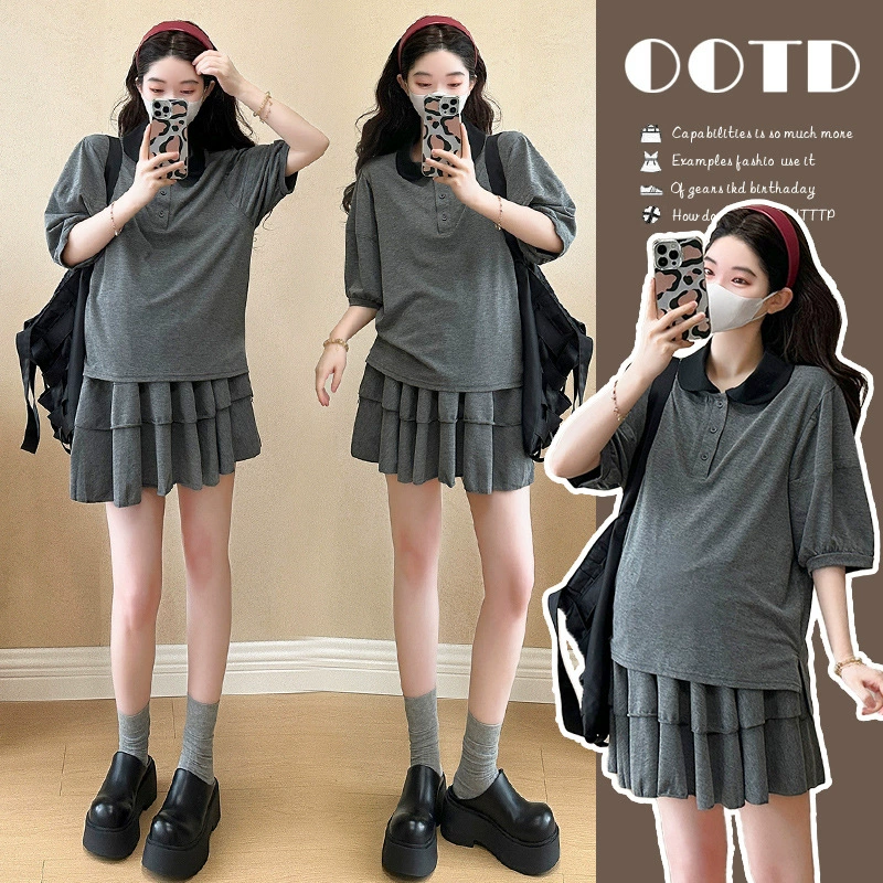 Одежда для беременных Летний набор 2025 новый школьный стиль с короткими рукавами топ юбка беременная мама премиум-класса надеть набор из двух частей