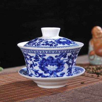 Cover bowl ceramics Jingdezhen Large Blue and white Three talents Eight treasures Teacup single teacup Horse&#39;s hoof