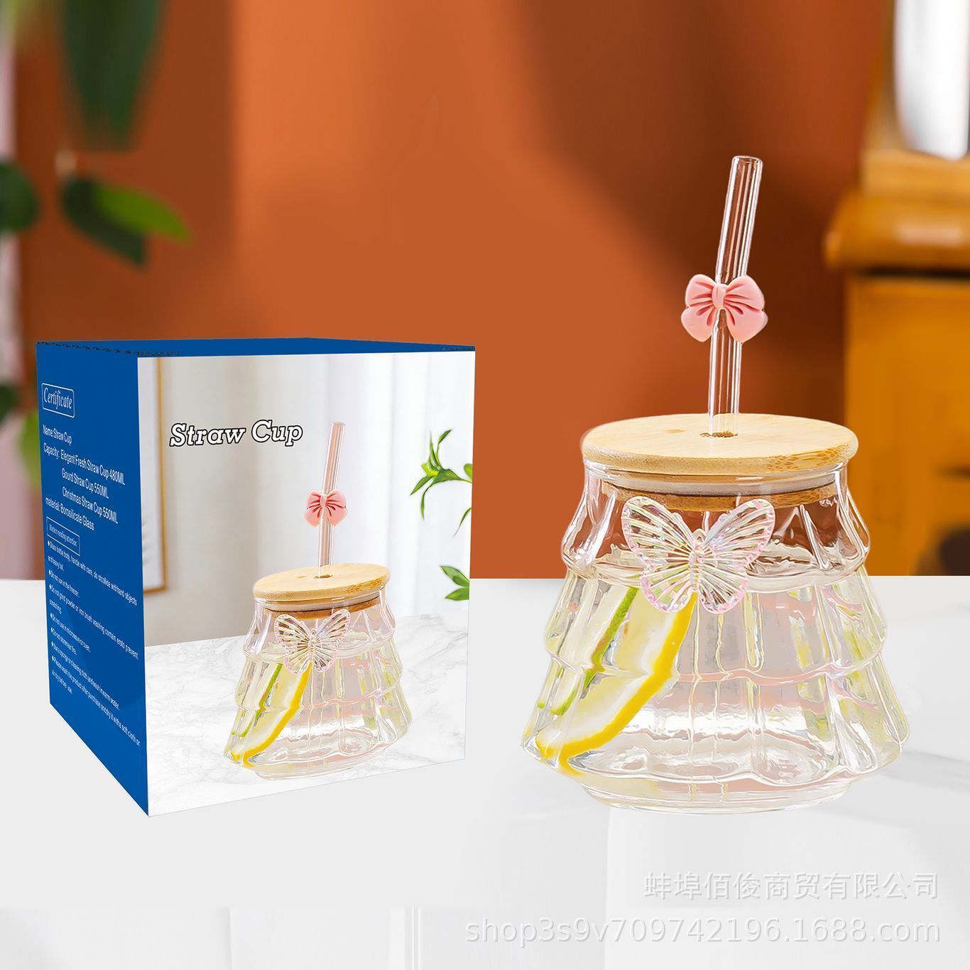 Taza de café de alto valor facial de vidrio transparente con mango de vidrio de alto silicio, taza de paja de hielo de bebidas americanas gordo