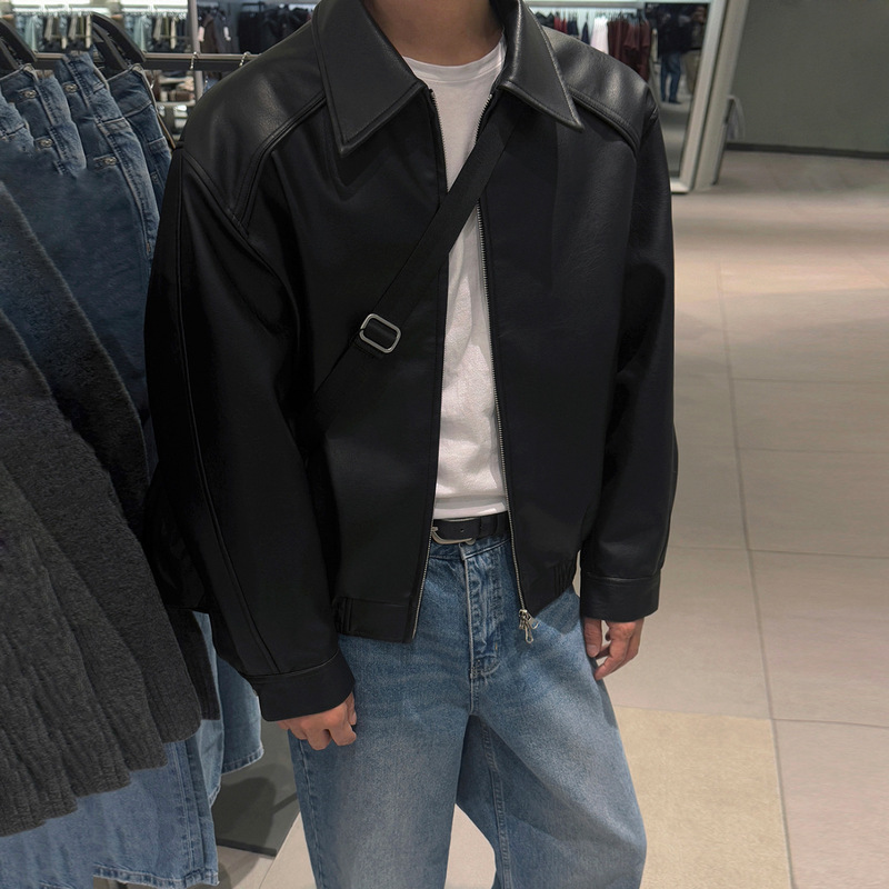 Myq Retro Style Handsome Short Leather Jacket Men's Autum Loose Casual Lapel Jacket Korean Work Clothing Style