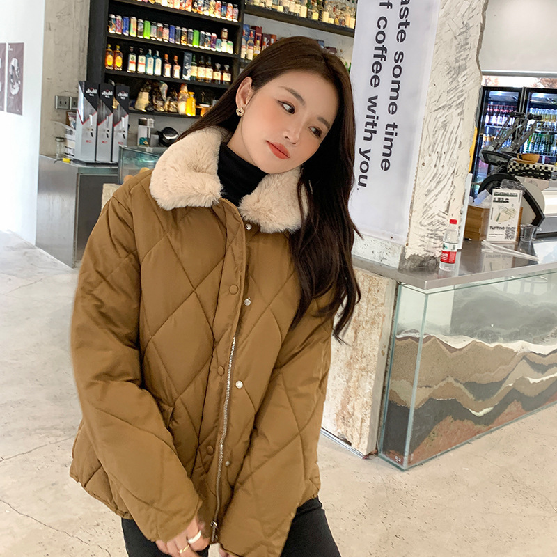 2025羊羔毛领棉衣女轻薄菱格棉服女秋冬新款韩版拼接休闲棉袄外套|undefined