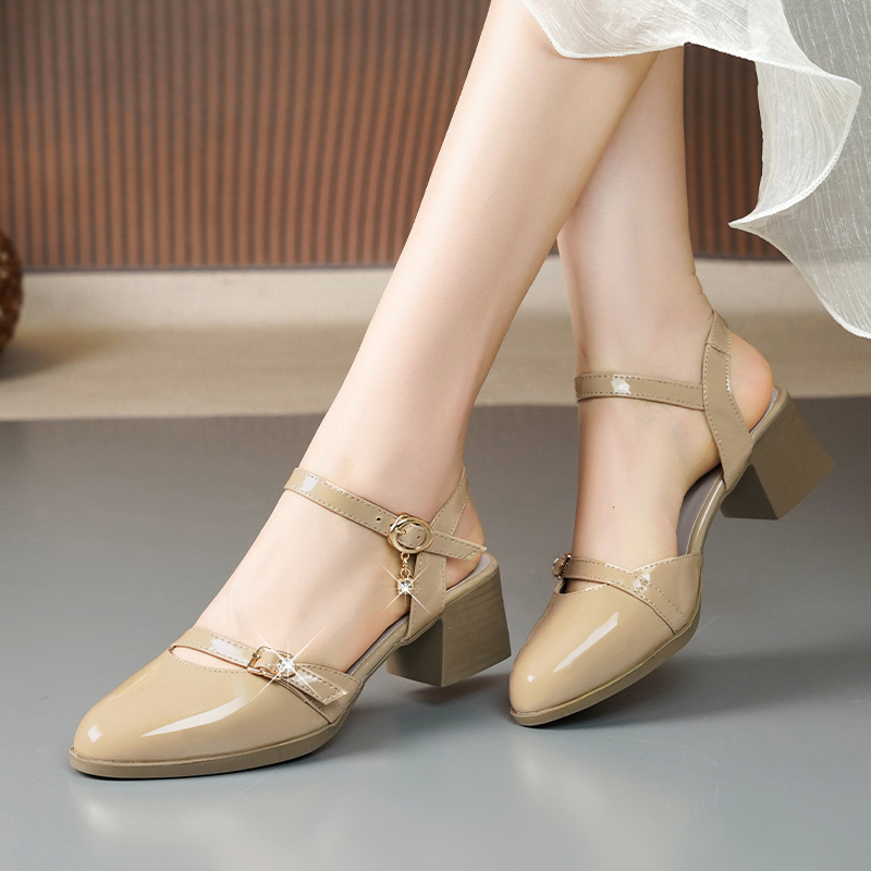 Sandal bít mũi nữ gót thô đi làm đế mềm da thật — Màu đen