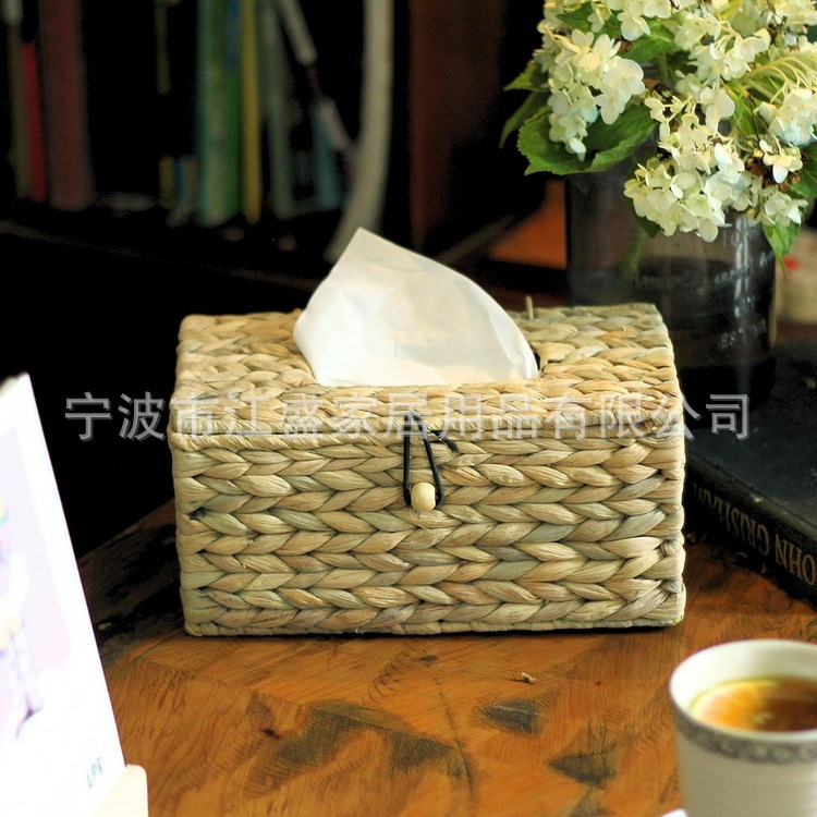 Cross-Border Hot Selling Square Straw Paper Basket with Lid Tissue Box Rattan Facial Tissue Bucket Living Room Toilet Desktop Decoration