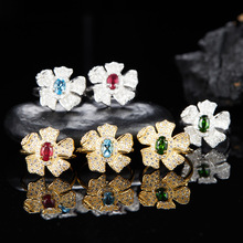 潮流花朵设计925纯银天然红宝石透辉石托帕石彩宝指女直播新款