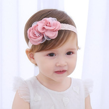 儿童发饰粉色玫瑰花蕾丝发带 宝宝双烧边花花朵发带婴儿发饰批发