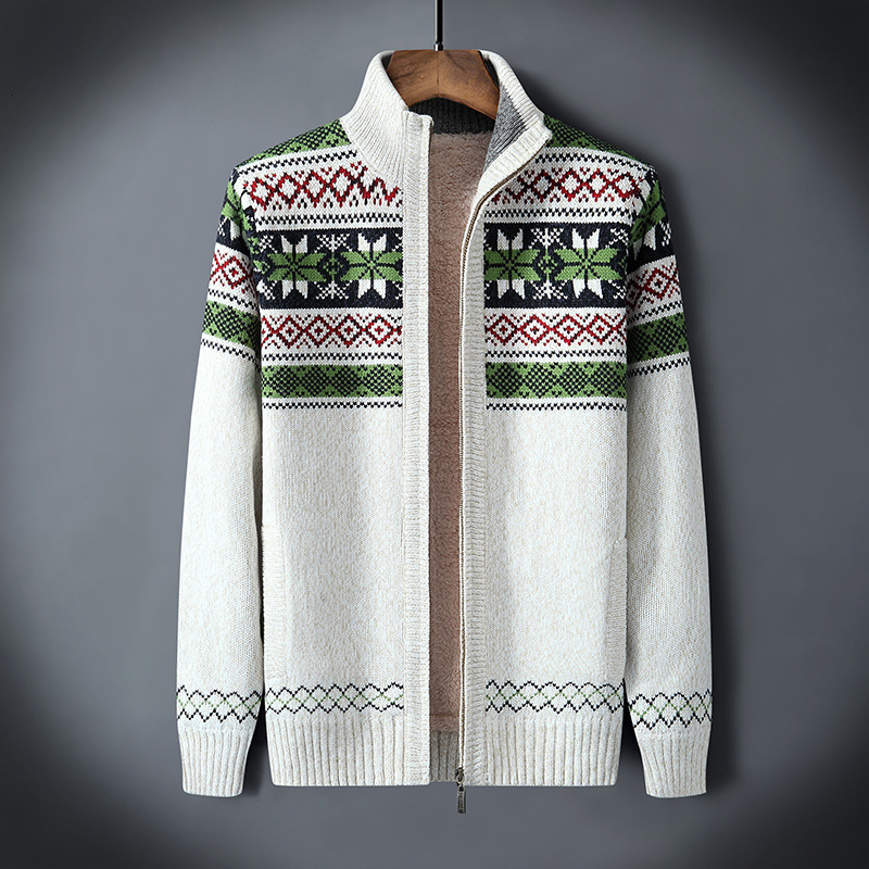 2023 Autumn and Winter New Thickened Large Size Cardigan Sweater Jacquard Contrast Color Velvet Sweater Men's Casual Jacket