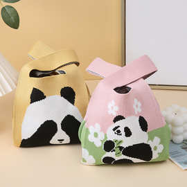 可爱熊猫花花背心包女针织毛线水桶包手拎休闲盒饭袋手提包包批发