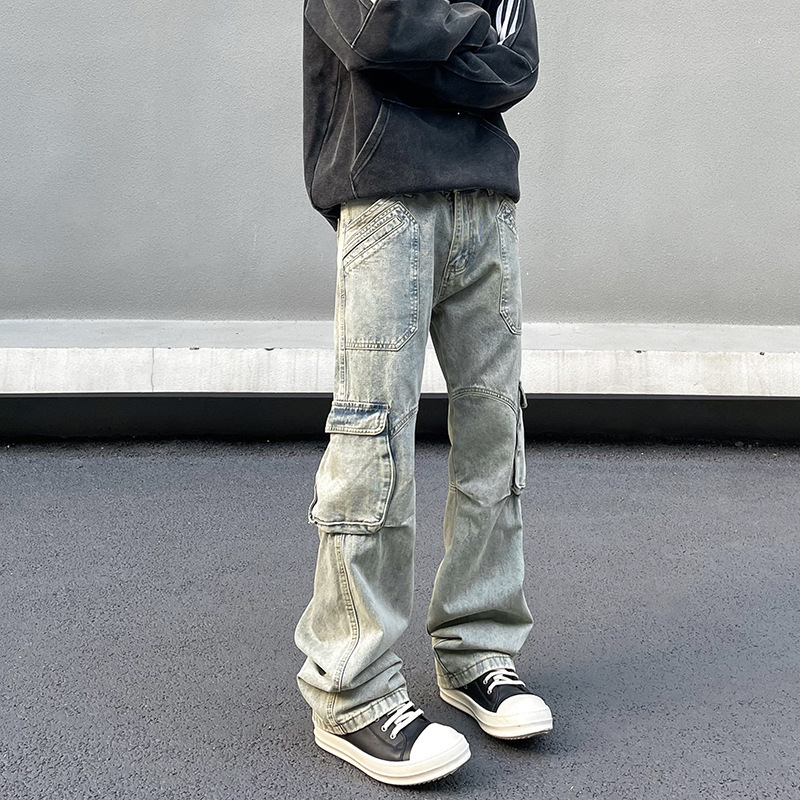 American Style Retro High Street Vibe Style Multi-Pocket Tooling Jeans Men's Trendy Ins Straight Tube Skinny Long Pants