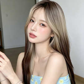 韩系渐变棕挑染假发女哑光丝中分长直发氛围感自然全头套厂家直销
