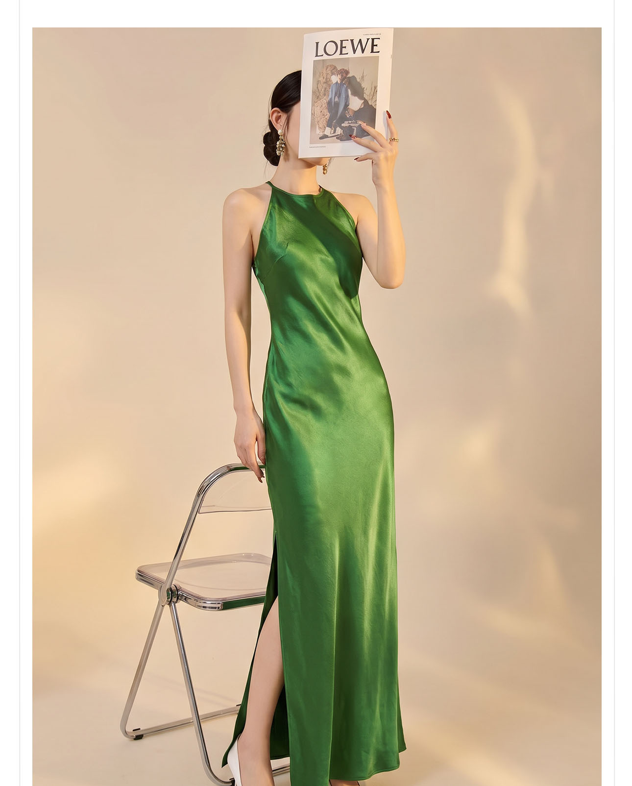 Đầm maxi thắt eo xếp ly cắt chéo — màu xanh đậm chi tiết 7