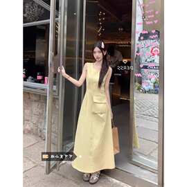 【隐形拉链＋小背包】清纯温柔黄色连衣裙女夏圆领收腰显瘦a字背