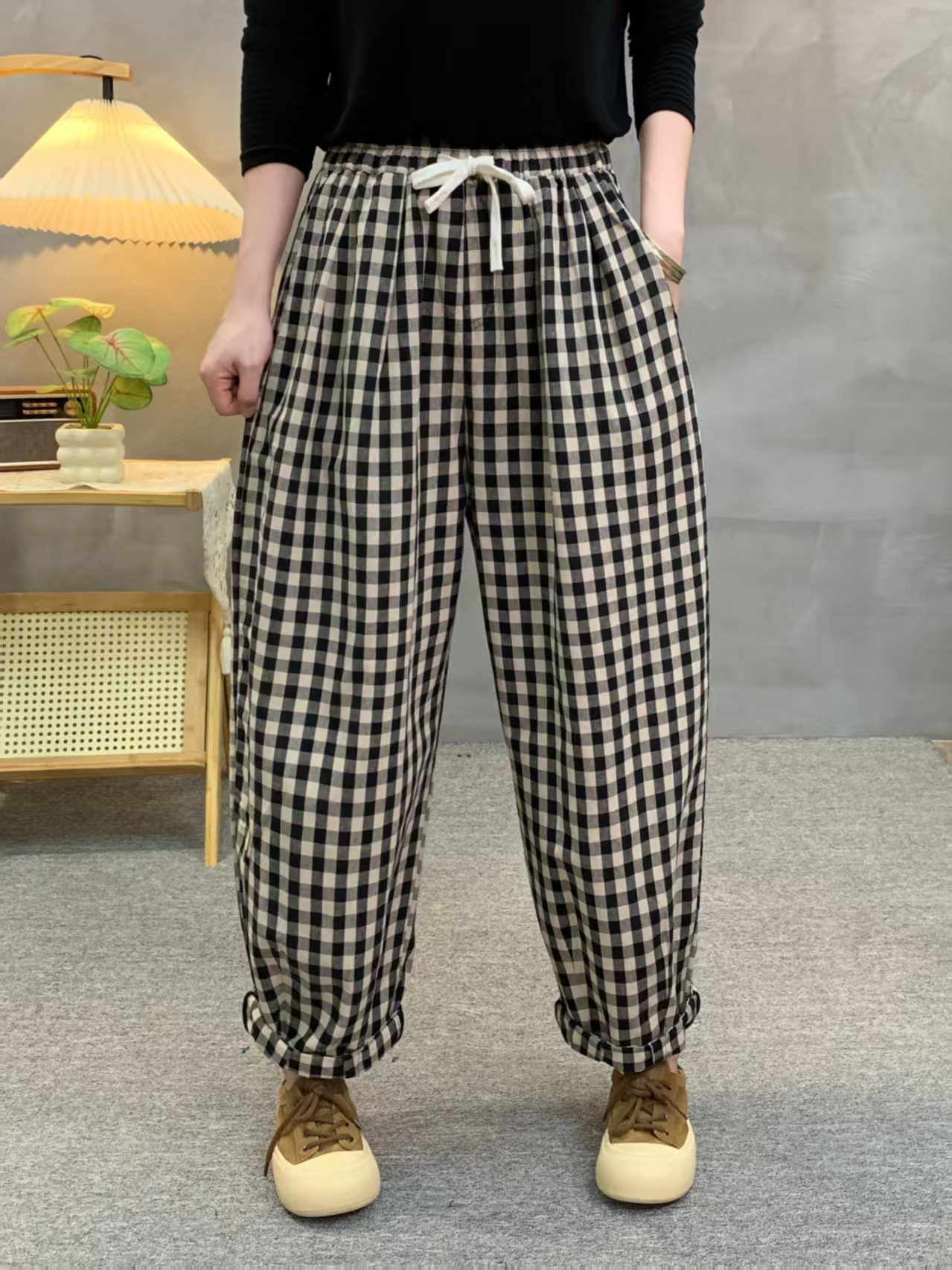 2025秋季上新亚麻料格纹文艺九分裤抽绳要宽松插袋文艺女士哈伦裤