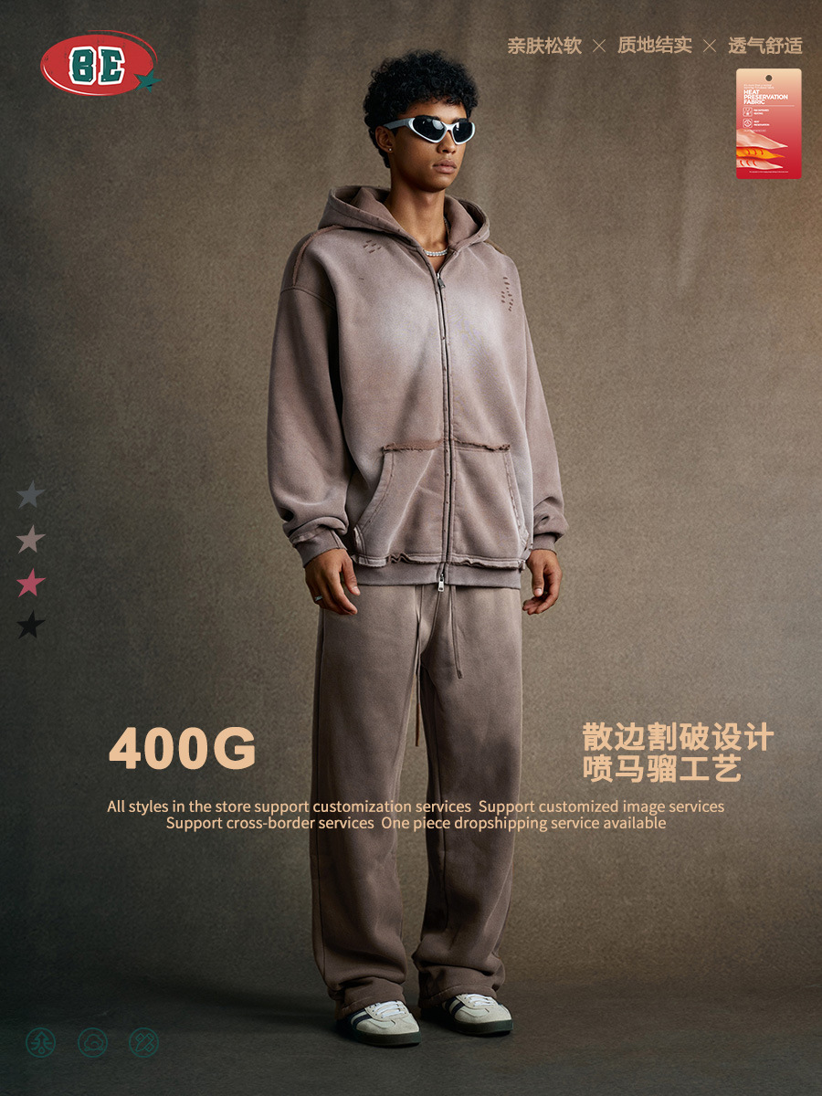 BE ropa de hombre | 2025 otoño marca de moda estadounidense suéter con capucha de calle alta chaqueta de punto con cremallera de borde suelto de mono en aerosol hombre
