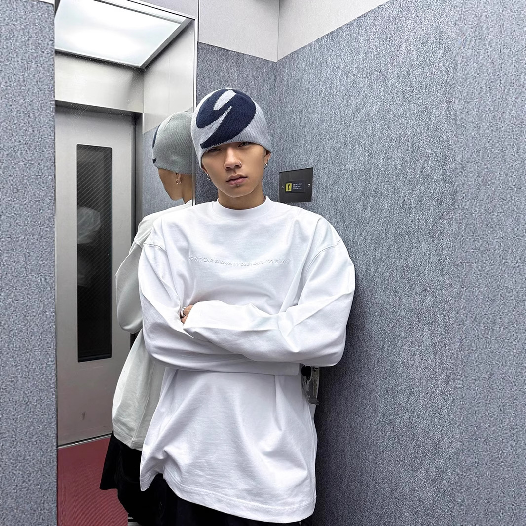 美式字母刺绣小领口长袖T恤上衣男女同款2025新款春秋内搭打底衫T