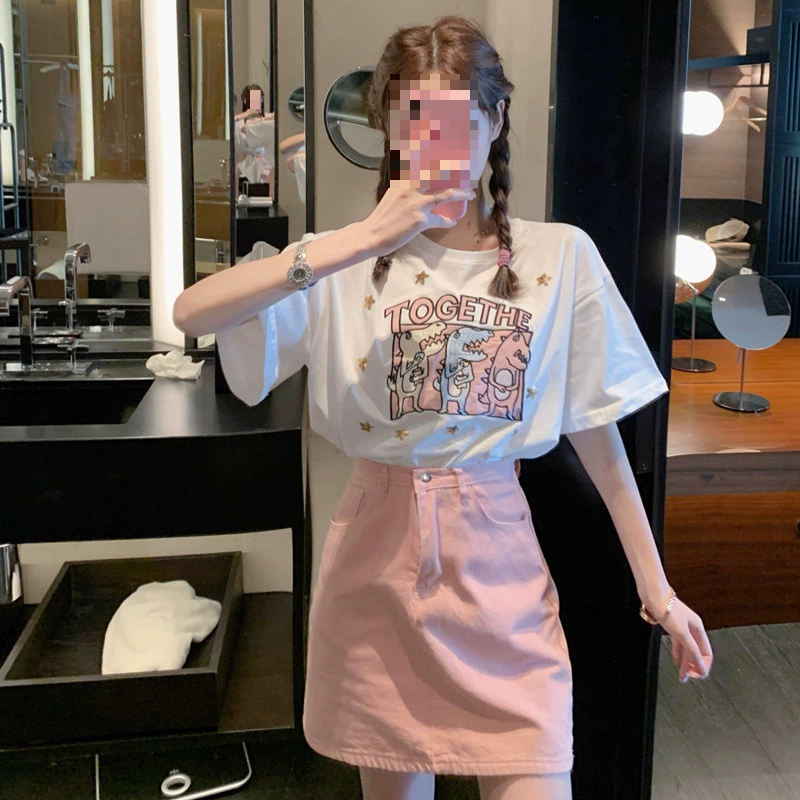 YS8 реальный снимок реальная цена вышитая футболка с коротким рукавом в стиле мультфильмов свободный топ + шикарная джинсовая юбка с высокой талией юбка А-силуэта до середины бедра