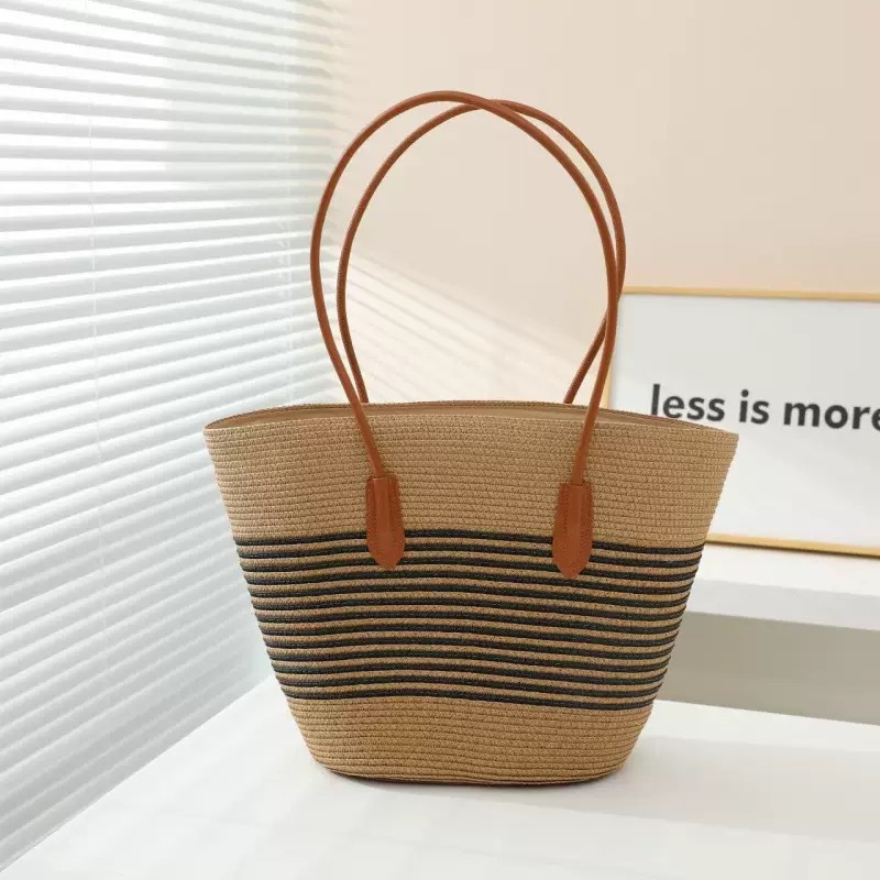 New Summer Striped Single Shoulder Commuting Straw Woven Bag, New Large Capacity Casual And Fashionable Women's Beach Tote Bag_voghion.com