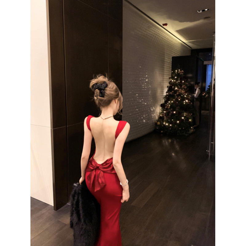 Ladies Elegant Satin Bow Goddess Dress dress Dress Birthday Dress Women